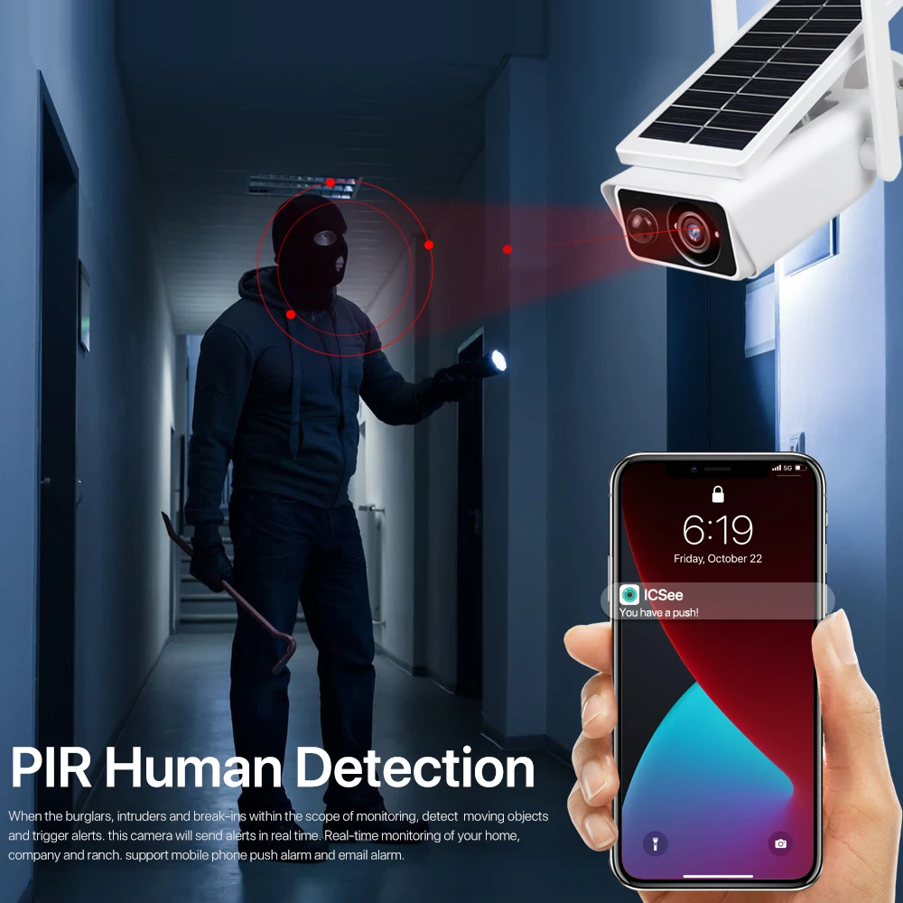 Caméra de surveillance extérieure IP WiFi HD 3MP/62CCTV, dispositif de sécurité sans fil, avec batterie intégrée, capteur PIR et alarme solaire