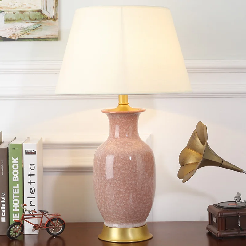 OURFENG Luxury Table Lamps Pink Ceramic Copper Bedside Desk LED Lamp Decorative For Home Study Foyer Office Bed Room