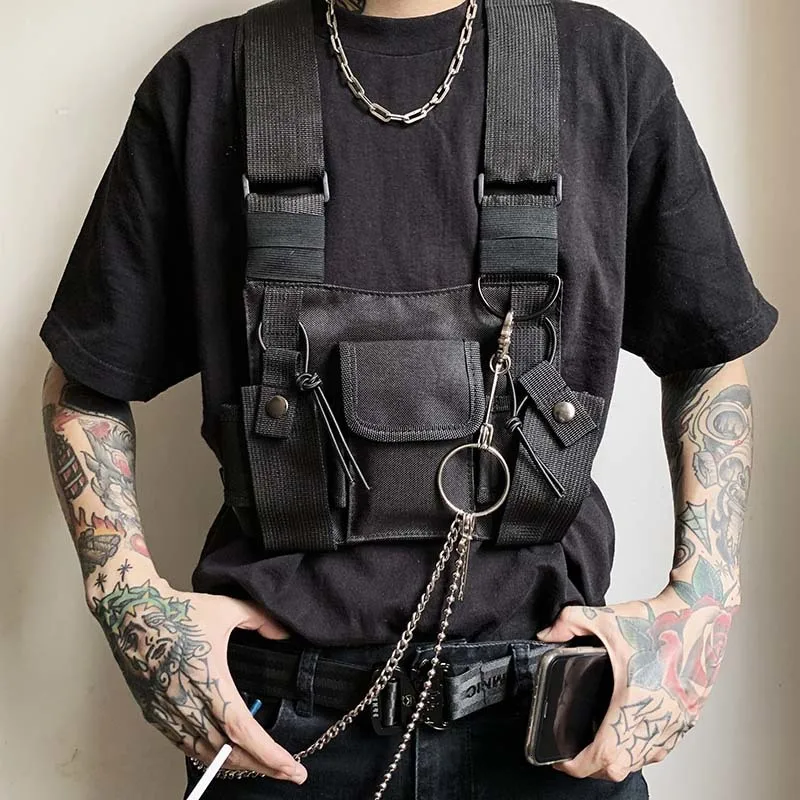 

Street Style Military Chest Rig Bag for Men Black Hip Hop Functional Waist Packs Adjustable Vest Waistcoat walkie Chest Bags