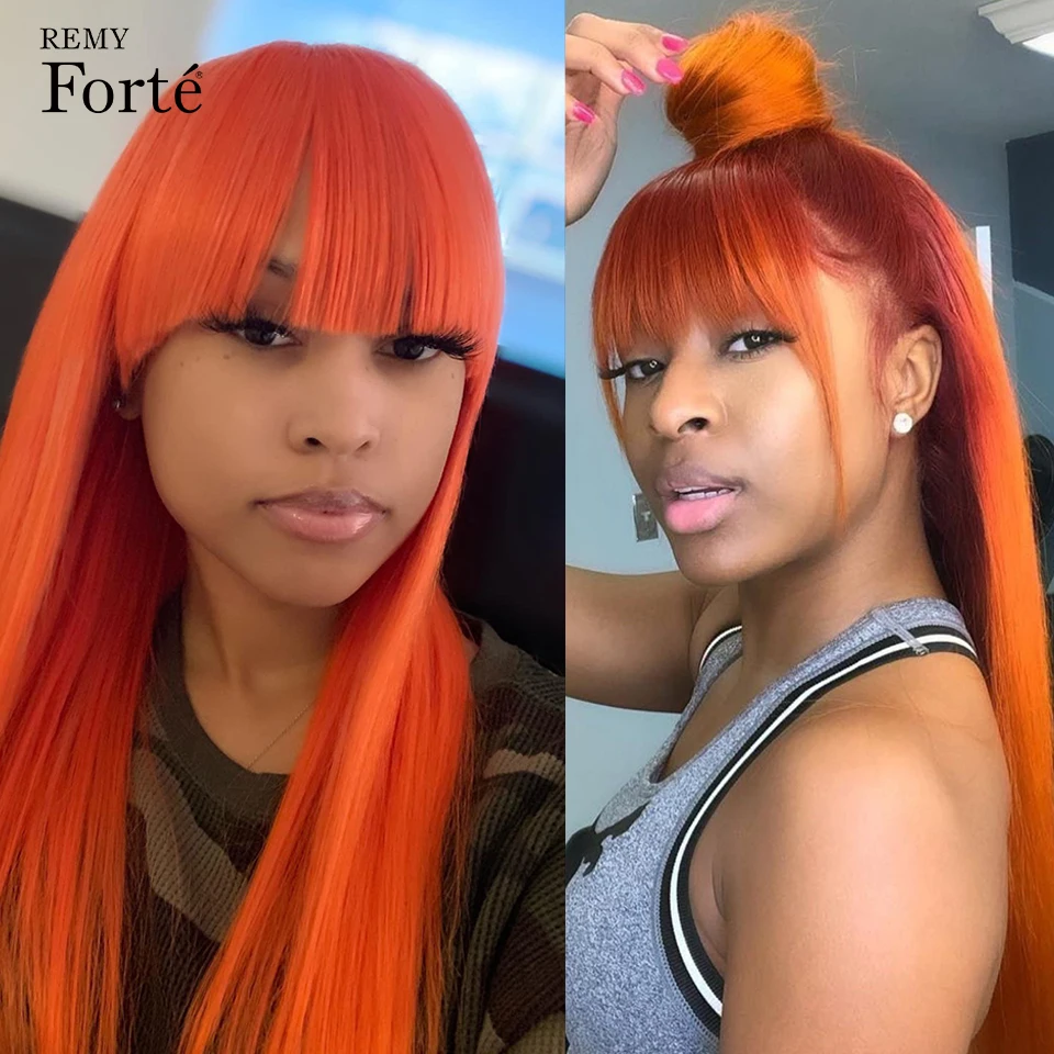 Remy Forte Menselijk Haar Pruiken Voor Vrouwen 28 Inch Oranje Rechte Bob Pruik Met Pony Blonde Cosplay Braziliaanse Haar Pruiken gekleurde Pruik