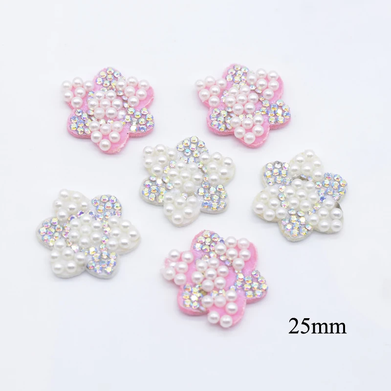 20Pcs 25mm Padded Rhinestone Pearl Flower Applique for DIY Clothes Hat Patches Headwear Hair Clips Bow Decor Accessories