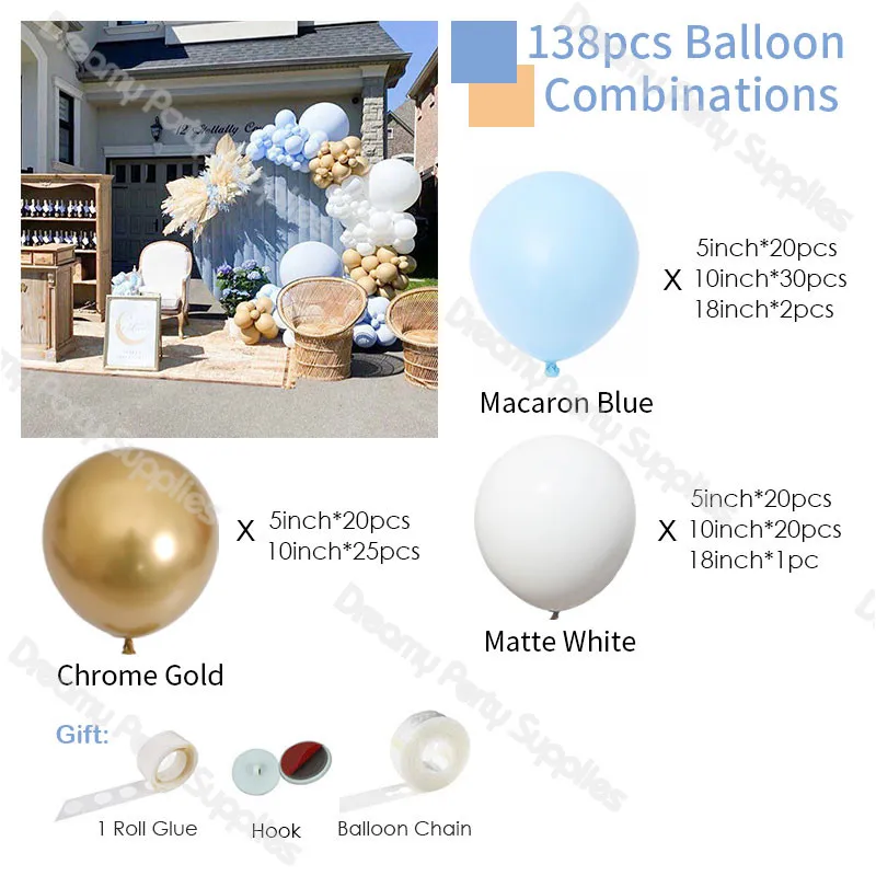 138pcs Baby Shower Balloon Arch Kit Set Babyboy Blue White Bow of Balloon Gold Globos Brithday Wedding Party Backdrop Decoration