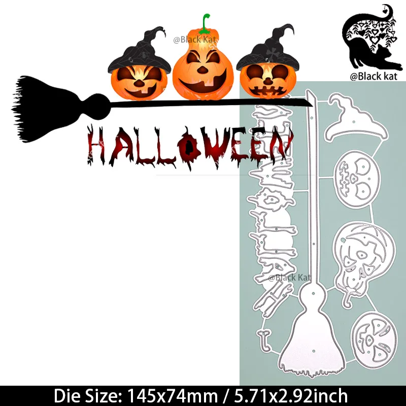 October 31 Halloween Magic Broom Pumpkin Text Cutting Dies Trick or Treat DIY Scrapbooking Metal Stencil Gift Card Craft