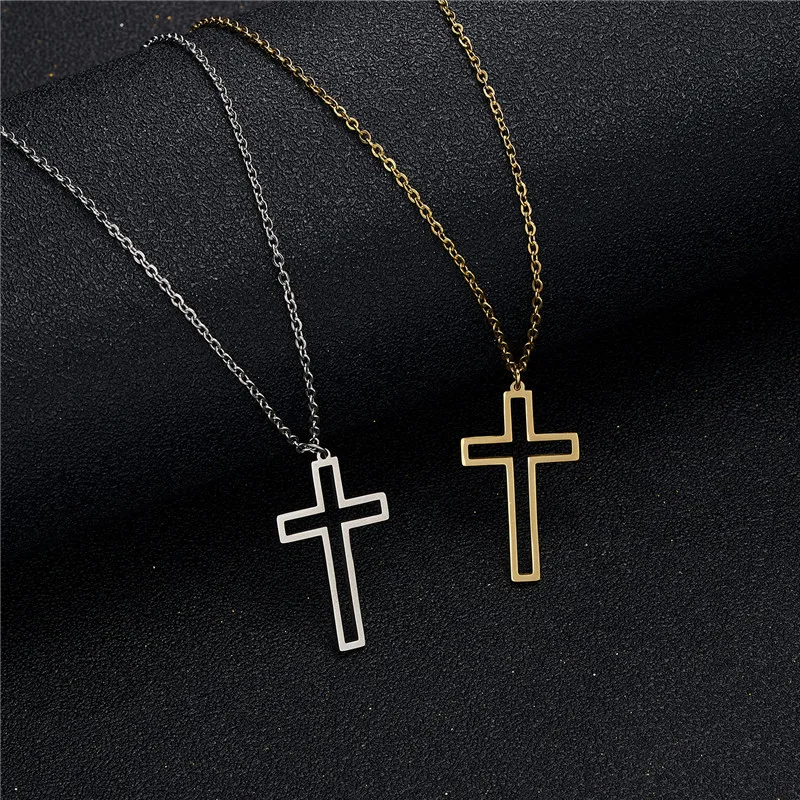 Rinhoo Stainless Steel Necklace For Women Men Long Chain Cross Necklace Small Cross Religious Christian Ornament Jewelry Gift