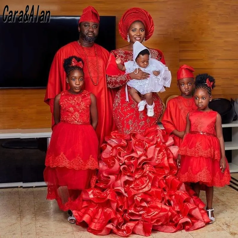 Nigerian Wedding Evening Dresses Long Sleeves Beading Aso Ebi Red Mermaid Prom Dress Customized Party Gowns Ruffles Skirt