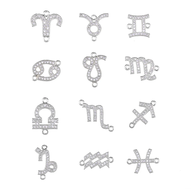 Juya 18K Gold Plated Micro Pave Zircon Copper Constellation Sign 12 Zodiac Charms Connectors For DIY Women Gift Jewelry Making