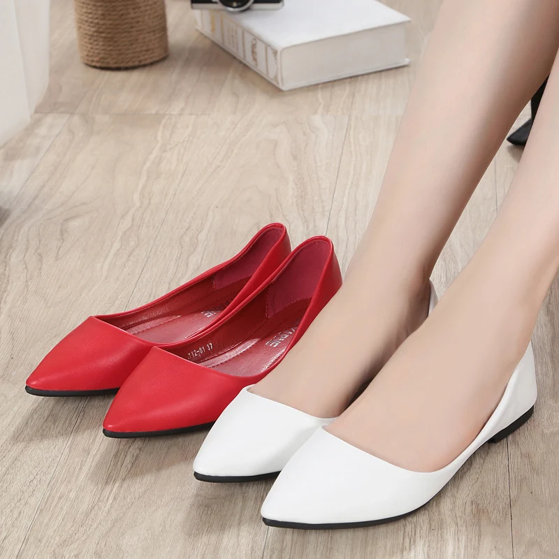 Women Shoes White Leather Flats Lady Flat Heel Shoes Basic Concise Pointed Toe Soft Leather Nice Quality Candy Color Fashion