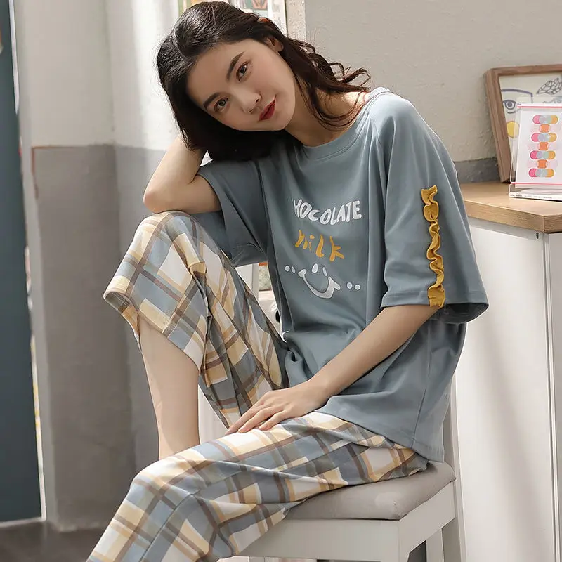 

Summer Women Pajamas 2021 New Cute Cartoon Short-Sleeved Shorts Pijamas Two-Piece Ladies Loose Nightie Sleepwear Home Clothes