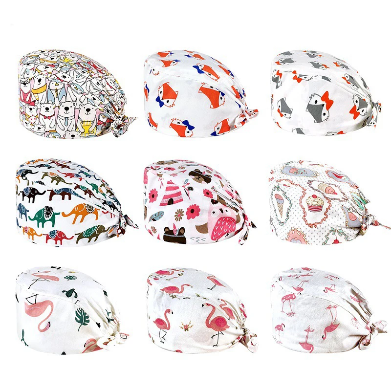 3Pcs Scrub Nurse Hat Sanitary Cap With Sweatband Cartoon Flamingo Printing Nursing Surgicals Caps Beauty Salon Scrub Cap