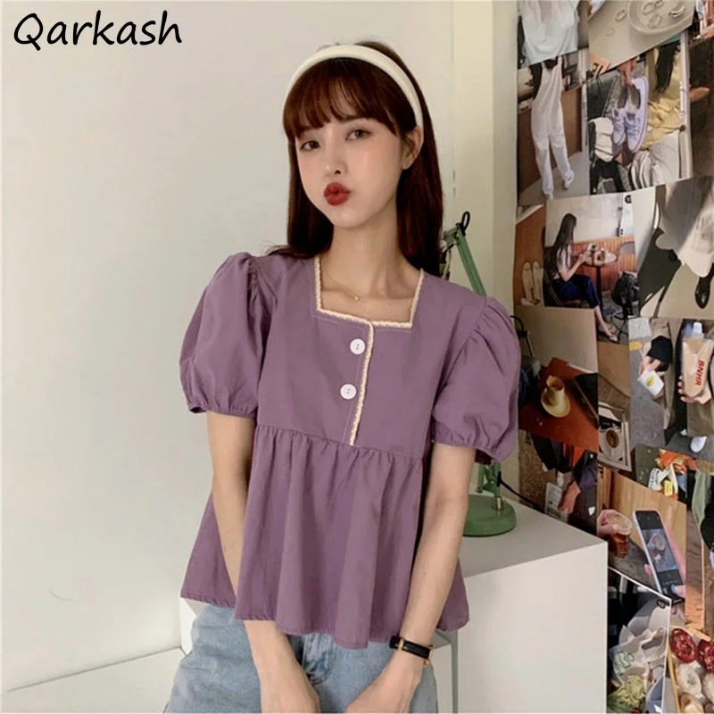 Vintage Blouses Women Square Collar Design Streetwear Korean Fashion Harajuku Loose Chic All-match Preppy Style Elegant Purple