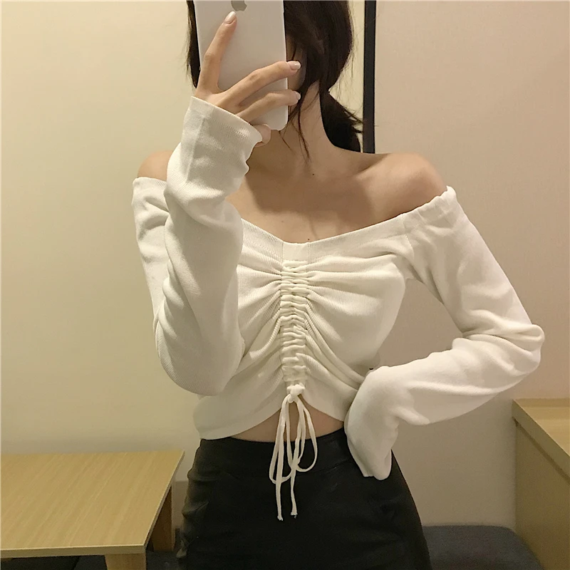 Fashion Sexy Off Shoulder Women Long Sleeve Solid Color Strapless Drawstring Long Sleeve Slash Neck Shirts Blouses Female Tops