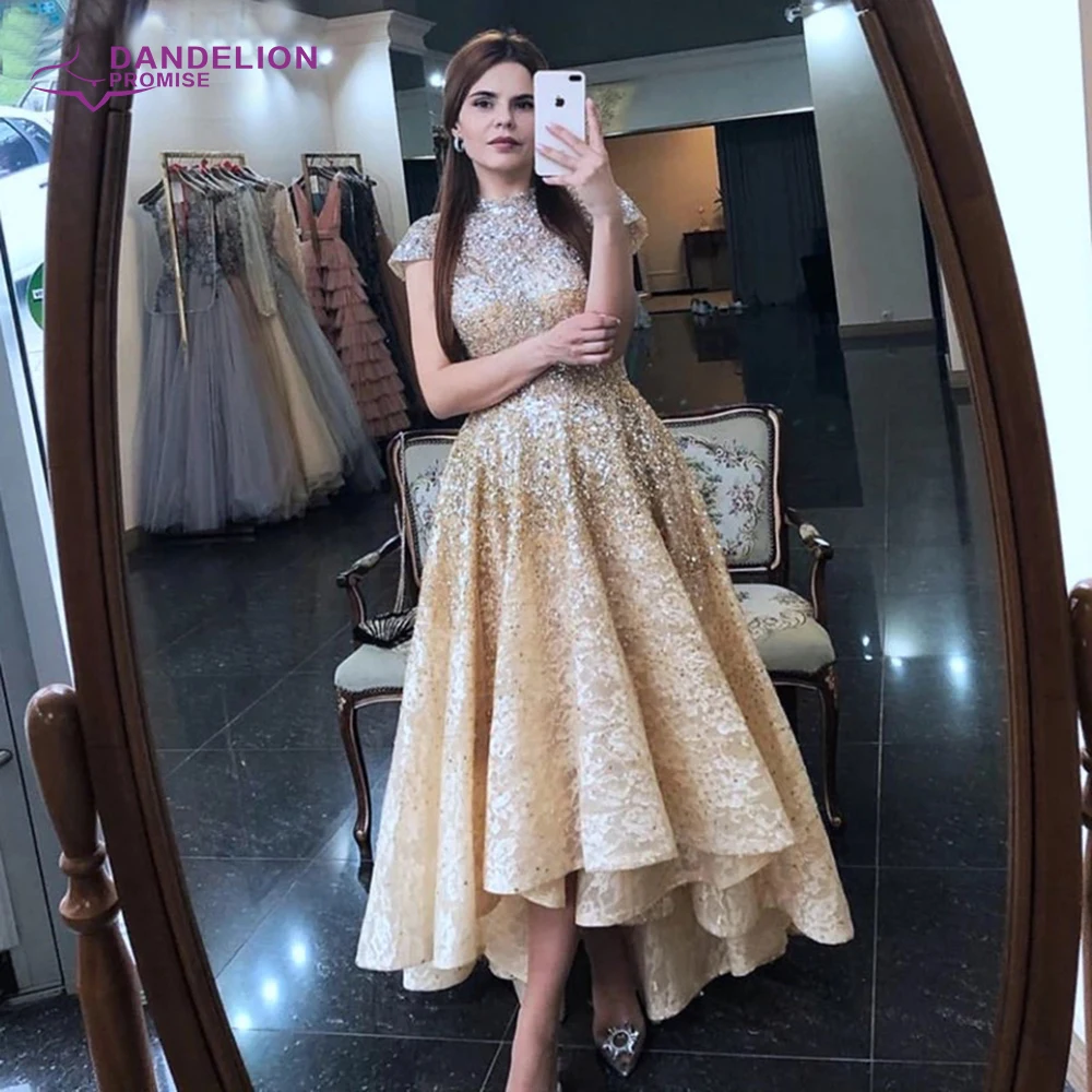 Luxury Gold Evening Dress  2020 High Neck Cap Sleeves  A-Line Lace Beads Handmade Prom Formal Party Gowns