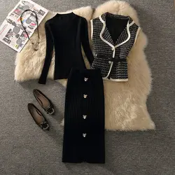 Con cintura! 3 pezzi donna autunno primavera abbigliamento Set maglioni lavorati a maglia moda gilet morbido Slim gonne eleganti Set di abiti NS235