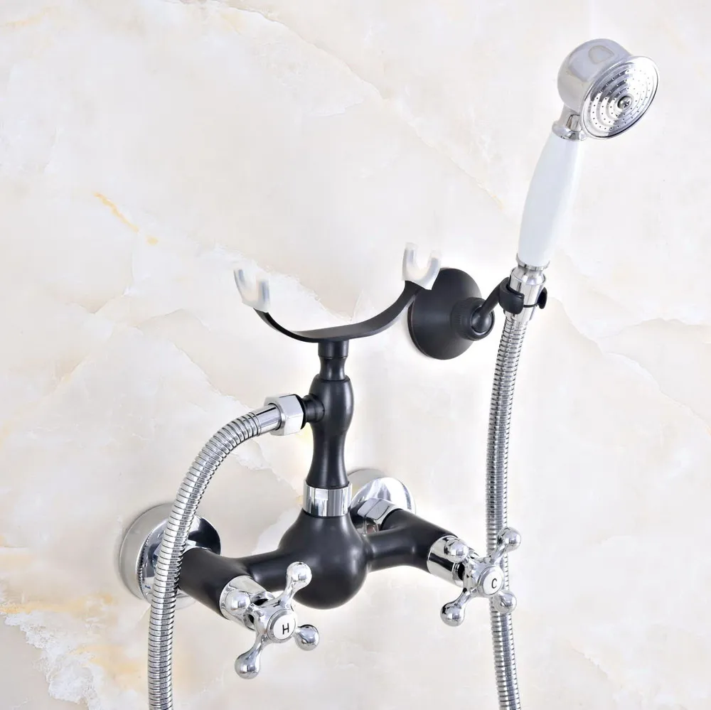 

Black Oil Rubbed & Silver Chrome Brass Wall Mount Bathtub Faucet with Handheld Shower Set +1.5M Hose Mixer Tap 2na630