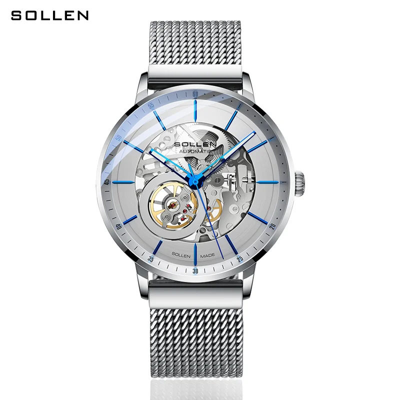 Switzerland Luxury Brand SOLLEN Automatic Mechanical Men‘s Watches Waterproof Dual Skeleton Luminous Hands Steel Clock SL316