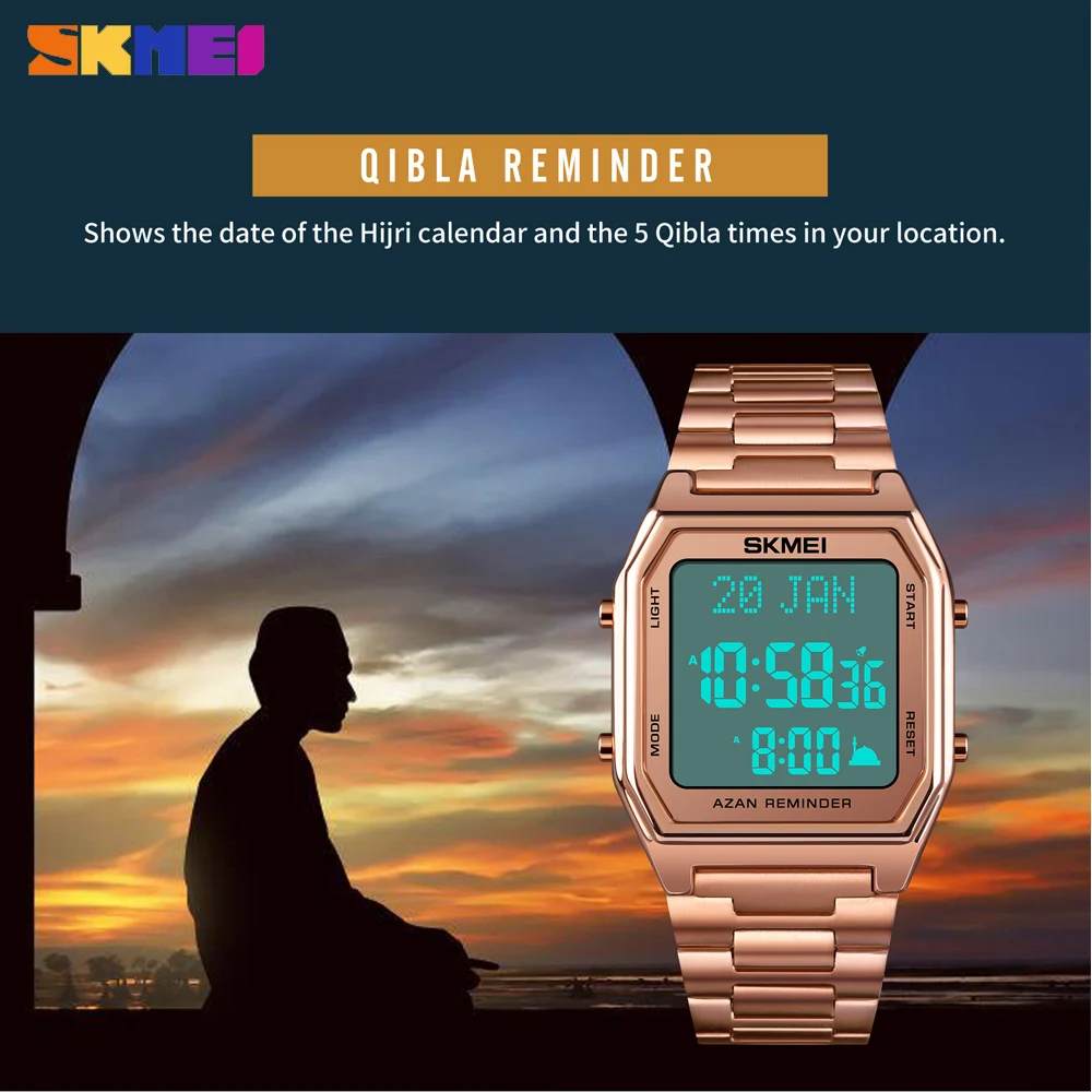 New SKMEI Muslim Qibla Digital Watch Religious Month Wristwatch Male Clock LED Chronograph Electronic Wristwatches Reloj Hombre