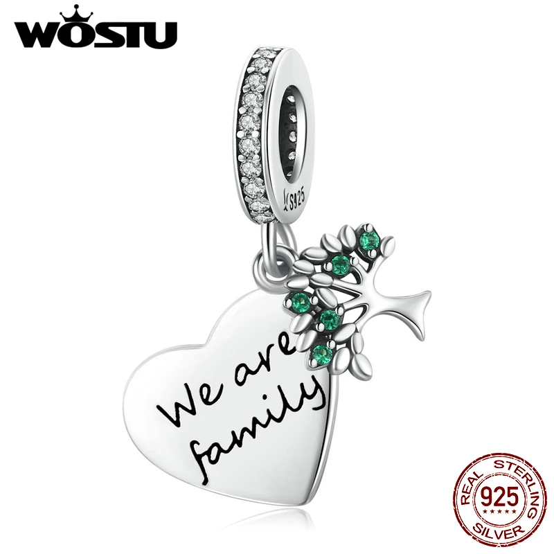 WOSTU 925 Sterling Silver Love Tree Heart We Are Family Charms Beads Pendant Fit Original Bracelet Necklace For Women Jewelry