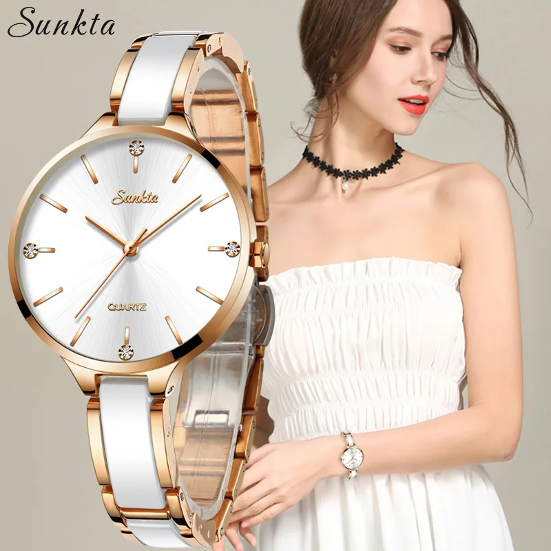 SUNKTA Women Watch Ceramic Watch Women Simple Diamond Clock Casual Fashion Watch Sport Waterproof Wristwatch Relogio Feminino