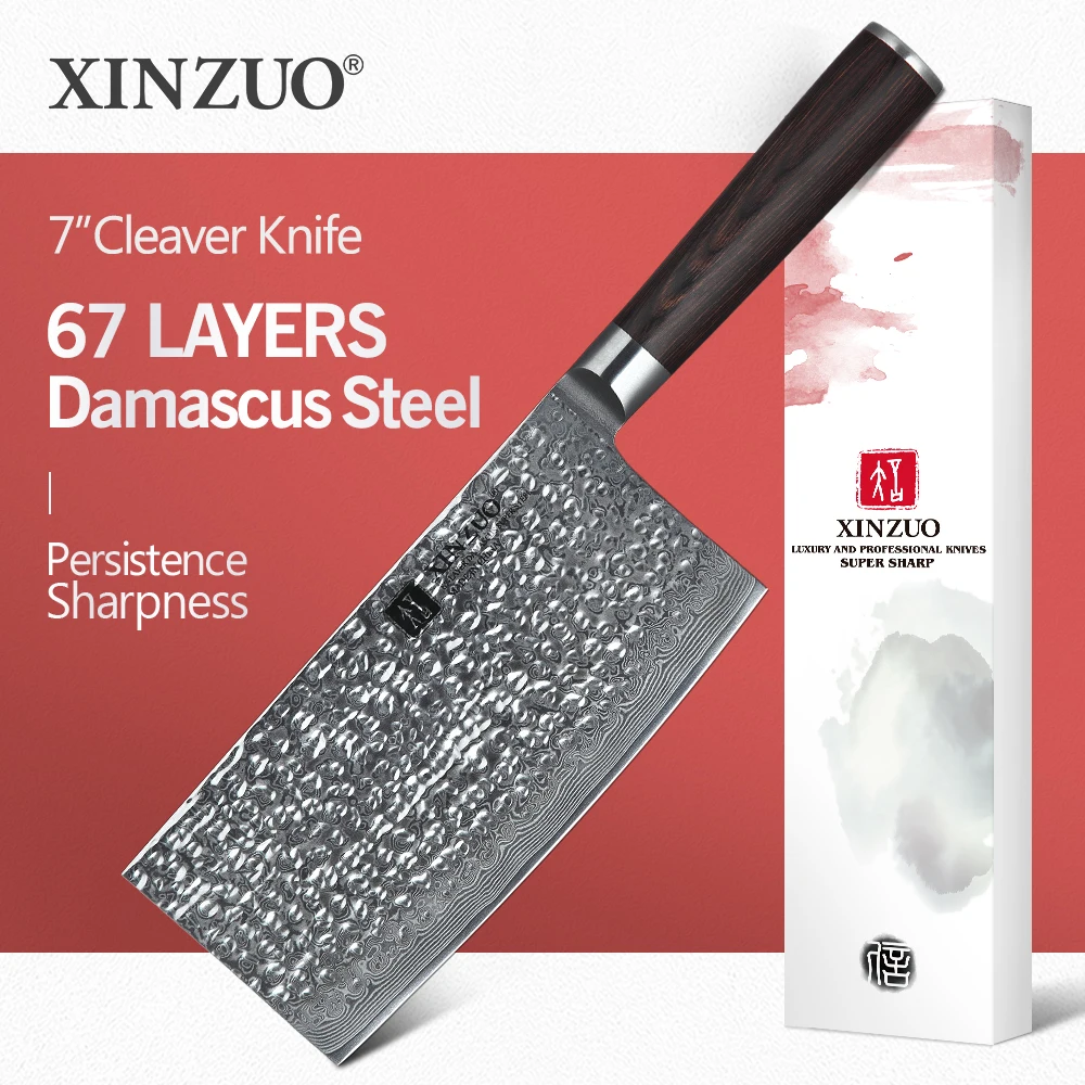 

XINZUO 7'' inch Chopping Kitchen Knives Japanese 67 Layer VG10 Damascus Stainless Steel Chef Slicing Knife with Pakkawood Handle