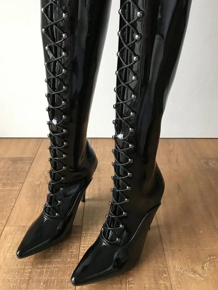 Crotch Hard Shaft Lace up Boots Patent Leather Cross Tied Stilettos Heels Black Pointed Toe Shaft Runway Shoes Women Winter