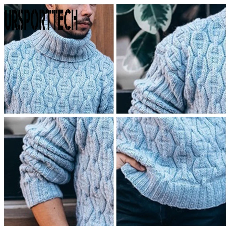 URSPORTTECH Herbst Winter Neue Herren Rollkragen Pullover Pullover Nadel Diamant Twisted Blume Grobe Wolle Gestrickte Pullover