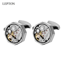 Lepton Non-Functional Watch Movement Cufflinks For Mens Black Color Vintage Steampunk Perfect Wedding Groom Anniversary Gifts