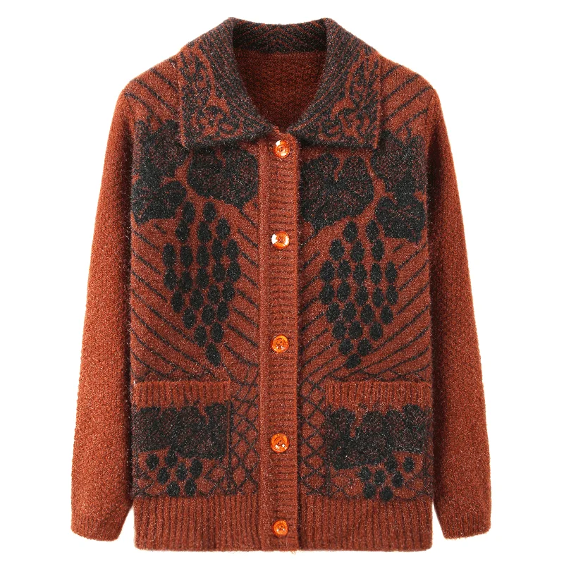 Damski sweter rozpinany z dzianiny dla kobiet w średnim wieku, kurtka, długi rękaw, jednorzędowy, gruby, z nadrukiem, topy A320