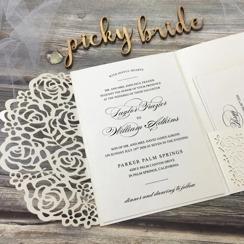 Elegant Ivory Wedding Cards Rose Laser Cut Invitations with RSVP Cards and Envelope - Set of 50 pcs