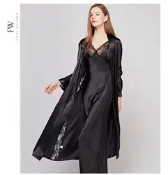 Autumn New Hollow Out Long Section Women Robe Set Lace Sexy Spaghetti Strap Cardigan Twinset Bathrobe