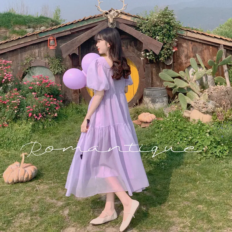 French Square Neck Puff Sleeve Dress Women Mesh Bow Loose Long Dress Summer New Purple Dresses Female