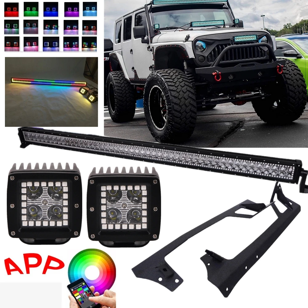 

Bluetooth App RGB Halo Led Pods Light Multicolor 50Inch LED Work Light Bar Roof Mounting Brackets for Jeep Wrangler Jk 07-15