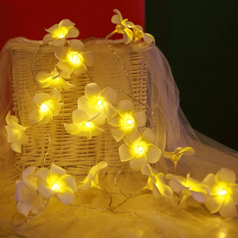 Battery Operated Led Artificial Foam Plumeria Flower Christmas String Lights 40leds Garland Fairy Lights For Party Holiday Decor