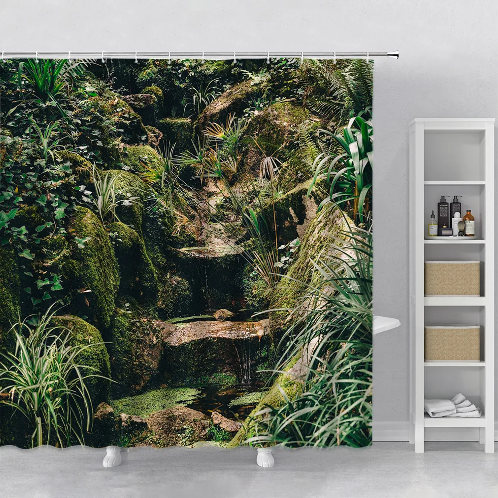 Forest Waterfall Shower Curtain Rainforest Foggy Rocky Lake Sunlight Beam Through Woods Scenery Green Bathroom Curtains Hooks