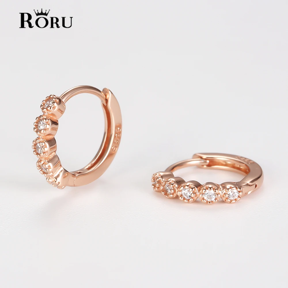 Small Hoop Real 925 Sterling Silver Earrings Round Zircon Rose Gold for Women Luxury Jewelry Accessoires Party Birthday Gifts