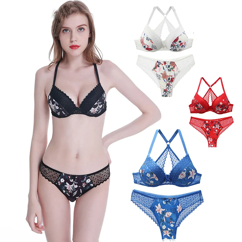 Sexy Women's Underwear Bra Sets Beautiful Back Printing Sexy Lingerie Lace French Bras Suit Fashion Push-Up Bra&Briefs 2Pcs Suit