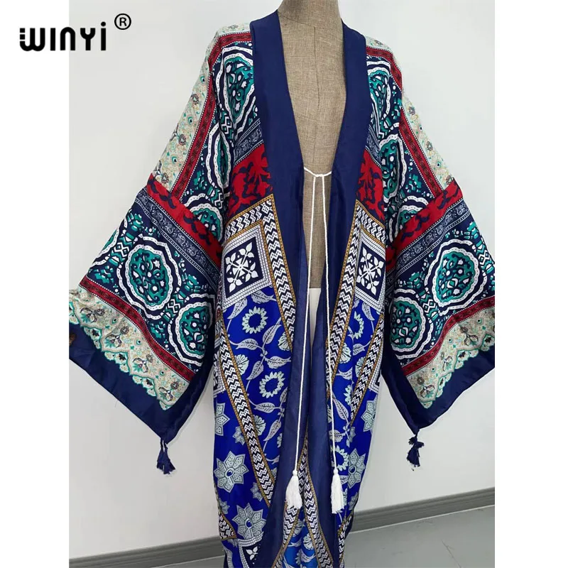 Bikini  cover-up traf Cotton Sweet Lady Pink Boho Print Self Belted Front Open Long Kimono Dress Beach Tunic Women Wrap Dresses