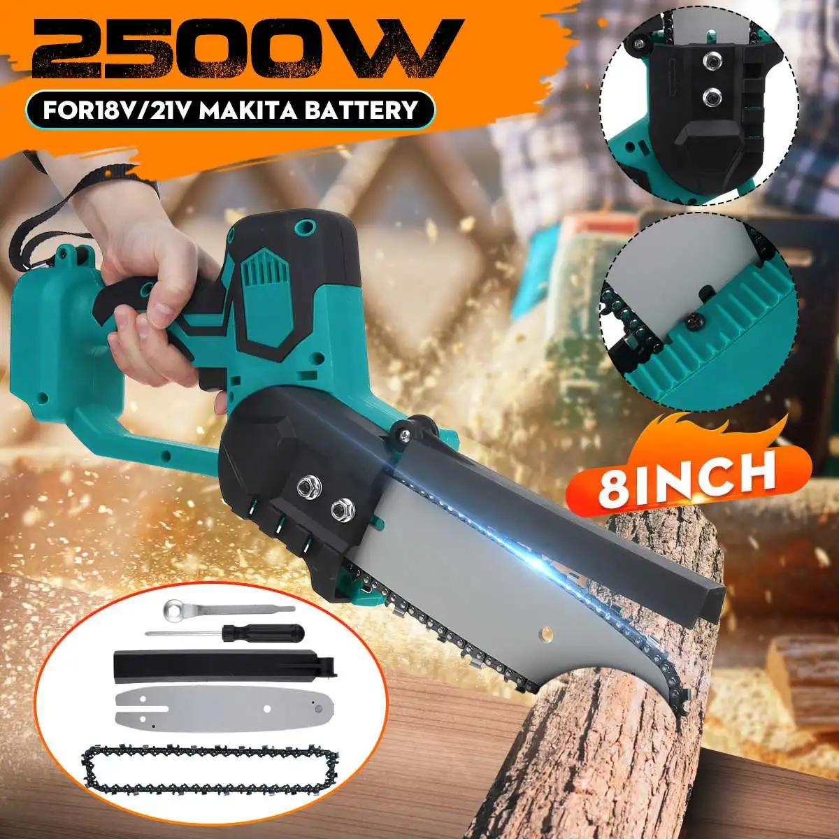 2500W Rechargeable Electric Saw 8 Inch Electric Chain Saw Wood Cutters Tool Logging Tool Power Tool For 18V Makita Battery