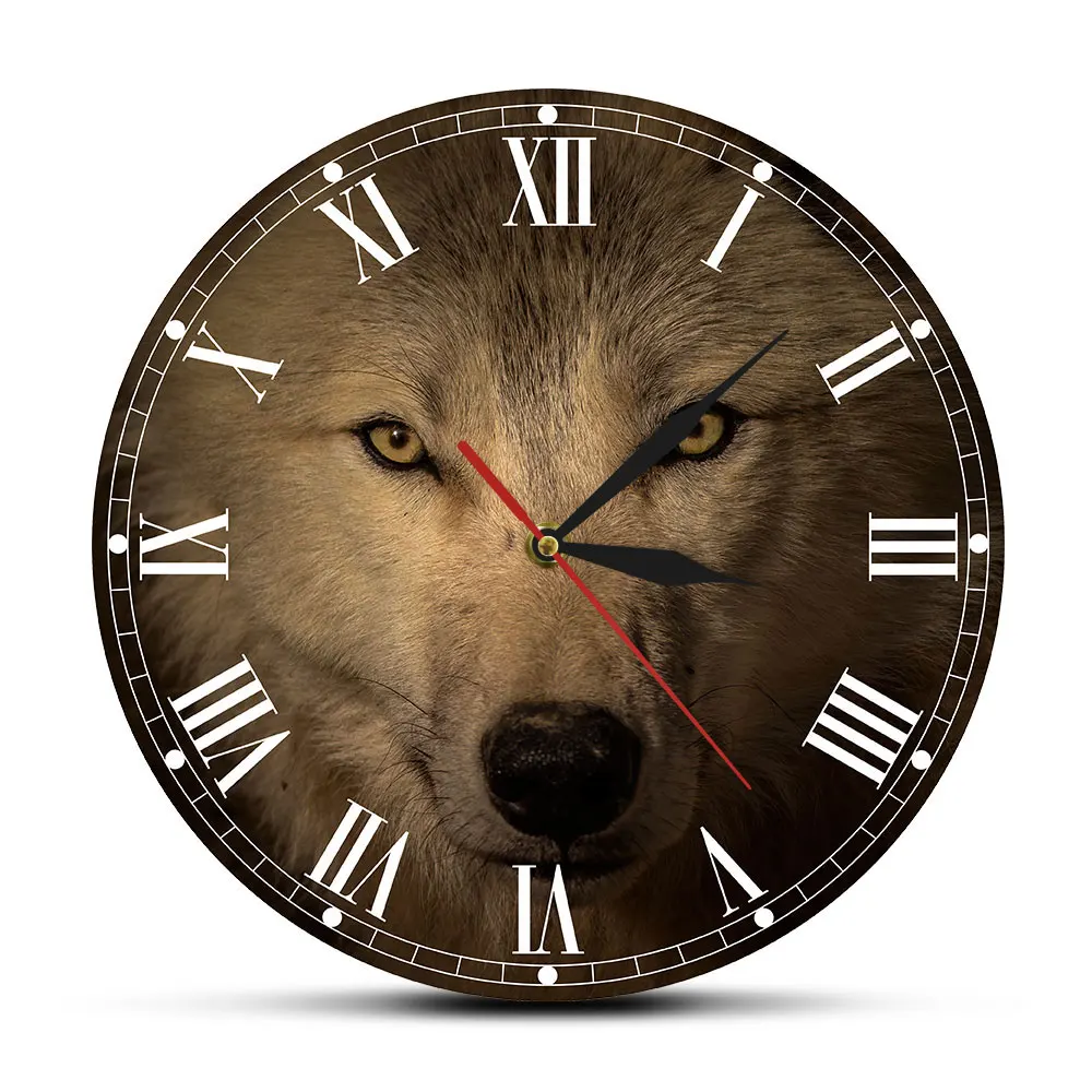 Grey Wolf Decorative Wall Clock Spiritual Animal Wall Art Home Decor Wildlife Wolf Head Living Room Silent Movement Wall Watch