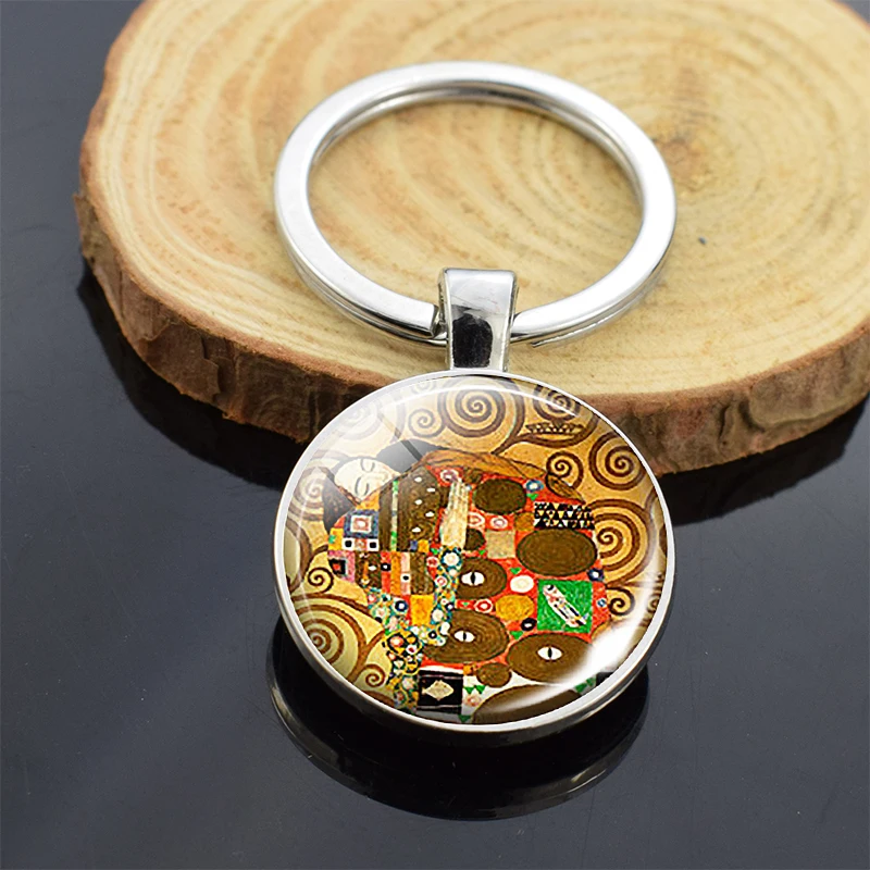 Gustav Klimt The Kiss Keychain Art Picture Stainless Steel Double Sided Key Chain Painting Jewelry Key Rings Key Buckle