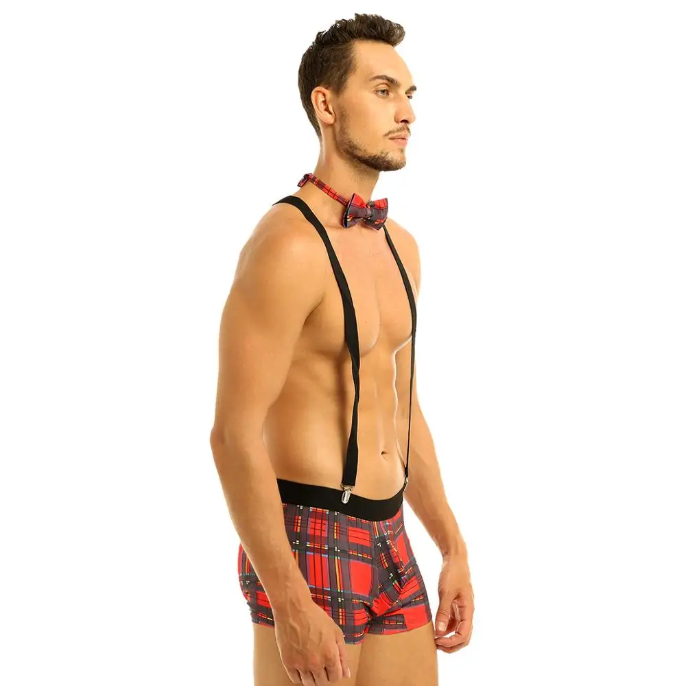 Sexy kelner Roleplay kostiumy męskie Plaid bokserki komplet bielizny mężczyzna Gay Nightclub Rave strój erotyczne pokojówka Cosplay mundury