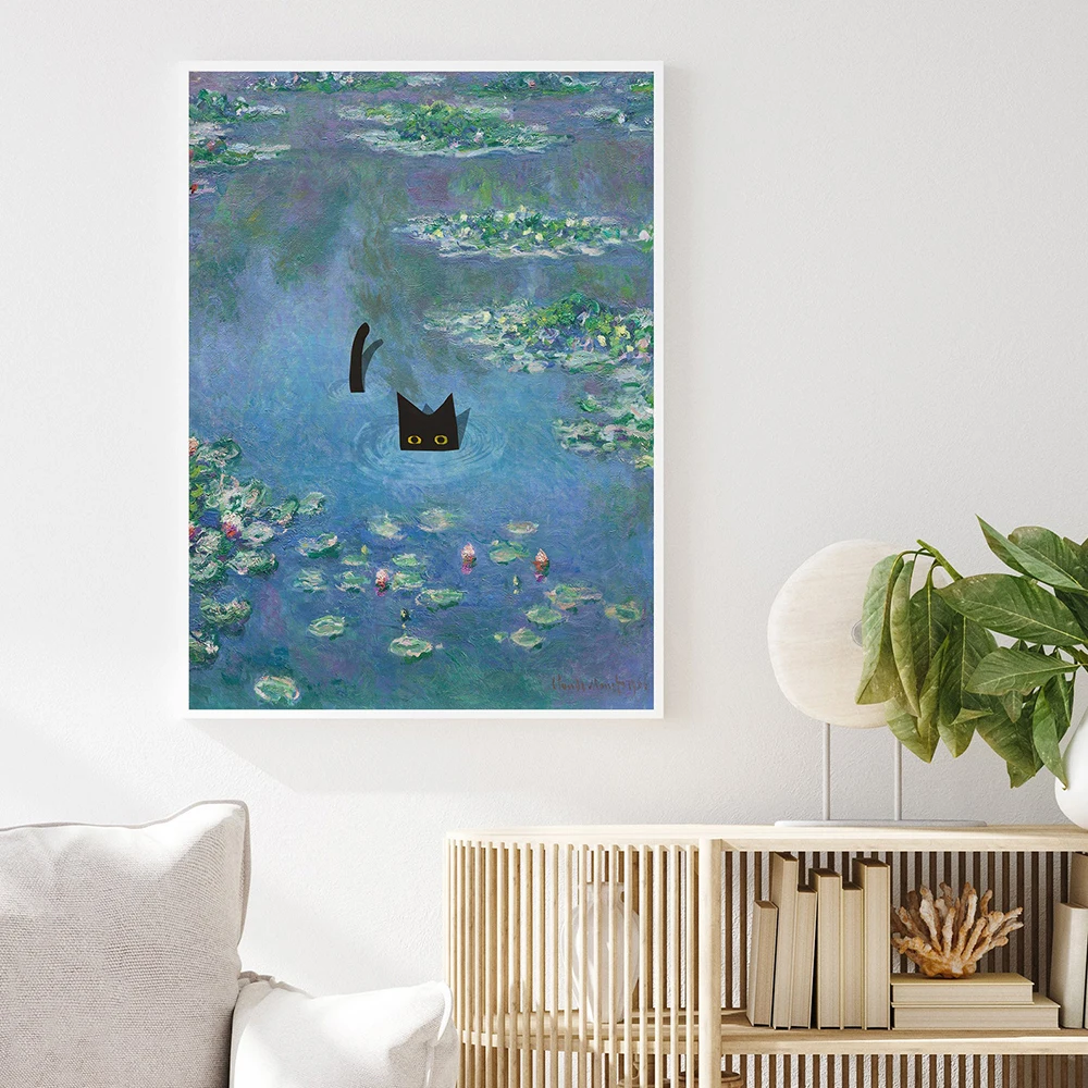 

Monet Waterlily Cat PosterS And PrintS Claude Monet Cat Canvas Painting Waterlily Cat Wall Picture For Living Room Home Decor