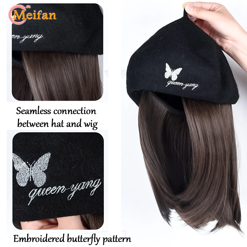 MEIFAN Clavicle Straight Hair Hat Wig Synthetic Embroidered Butterfly Beret Hat Warm Knitted Winter Cap Hair Wig Hair Extension