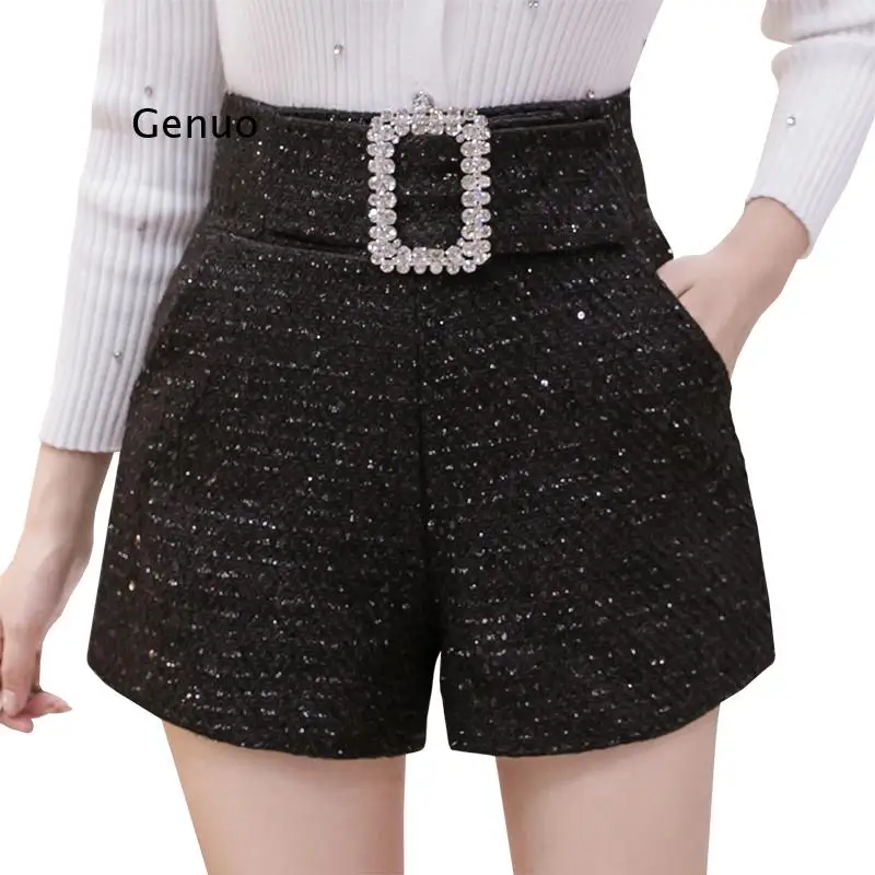 Fashion Tweed Shorts for Women Autumn Winter New Sequins Black Women Shorts Diamonds Belt High Waist Wide Leg Femme Shorts