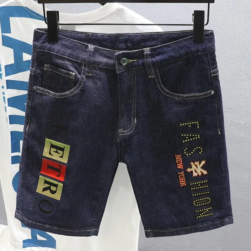 2022 New Summer Jeans Male Knee Length Printing Casual Trousers Vintage Straight Shorts Streetwear Mens Denim Shorts Size 28-38