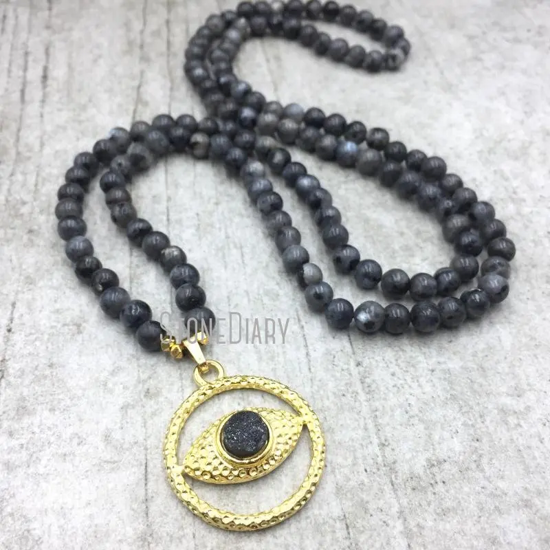 

NM4848 5Pcs Druzy Crystal Evil Eye Gold Color Irregular Surface Circle Necklace Black Labradorite Necklace For Sale 32inch