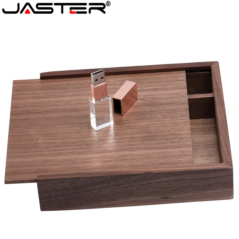 JASTER-무료 로고 월넛 사진 독특한 앨범 크리스탈 usb + 박스 메모리 스틱 펜드라이브 4GB-64GB, 170x170x35mm, 1 개