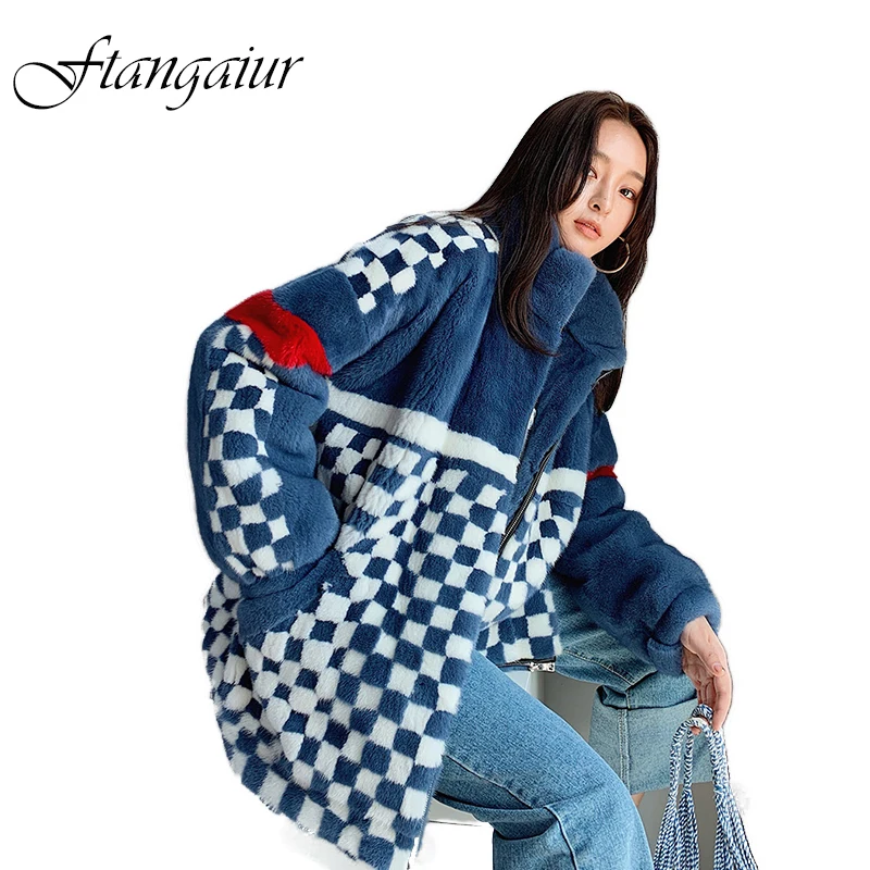 Ftangaiur Winter Import Velvet Mink Fur Coat Mandarin Collar Plaid Colorful Mink Coats Women's Medium Real Mink Fur Coats