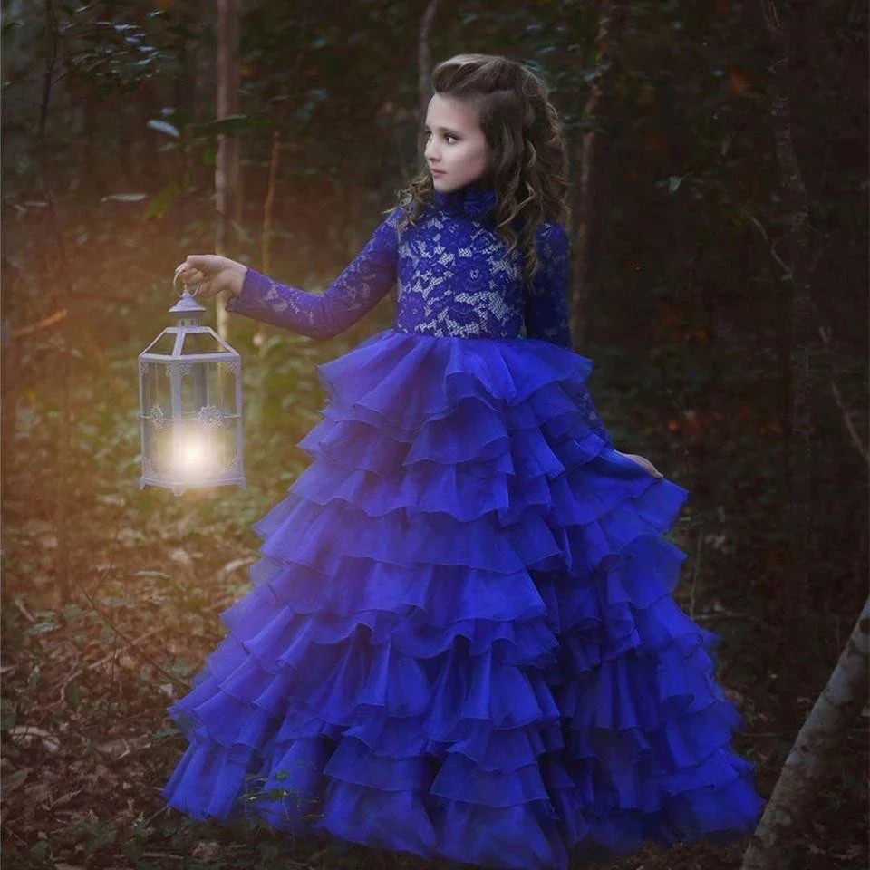 

Royal Blue Girls Pageant Dresses For Weddings Ball Gown Long Sleeves Organza Lace Long Flower Girl Dresses For Little Girls