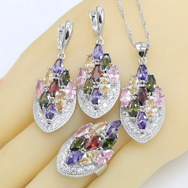 Multicolor  Zircon Silver Color Jewelry Sets for Women Bracelet Earrings Necklace Pendant Ring Gift Box