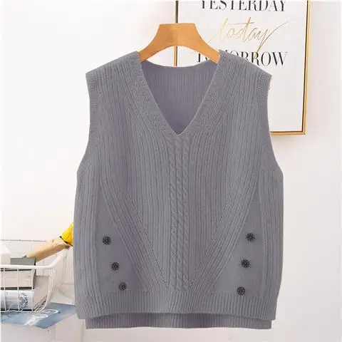 

Gray 2022 Spring Autumn Women's V-neck Girls' Sweater Vest Loose Knit Outer Wear Leisure Student Coat Top Cloth for Women Girl